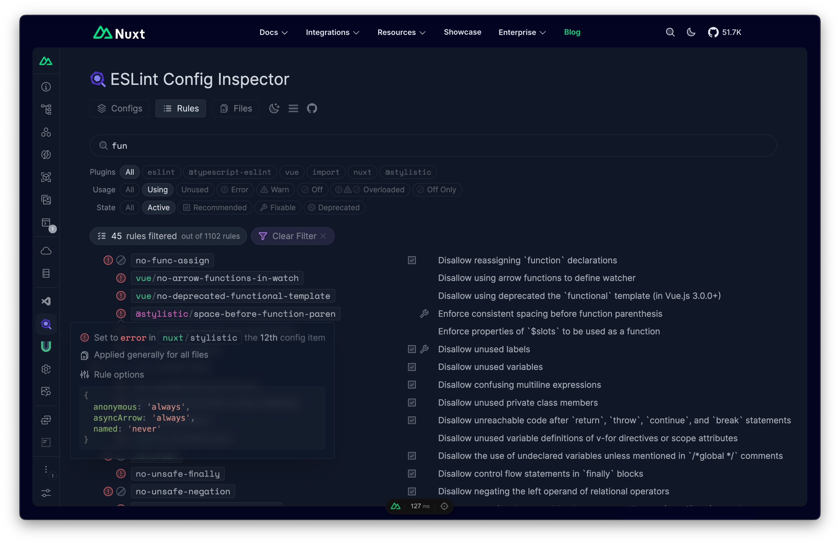 Screenshot of ESLint Config Inspector running as a tab in Nuxt DevTools